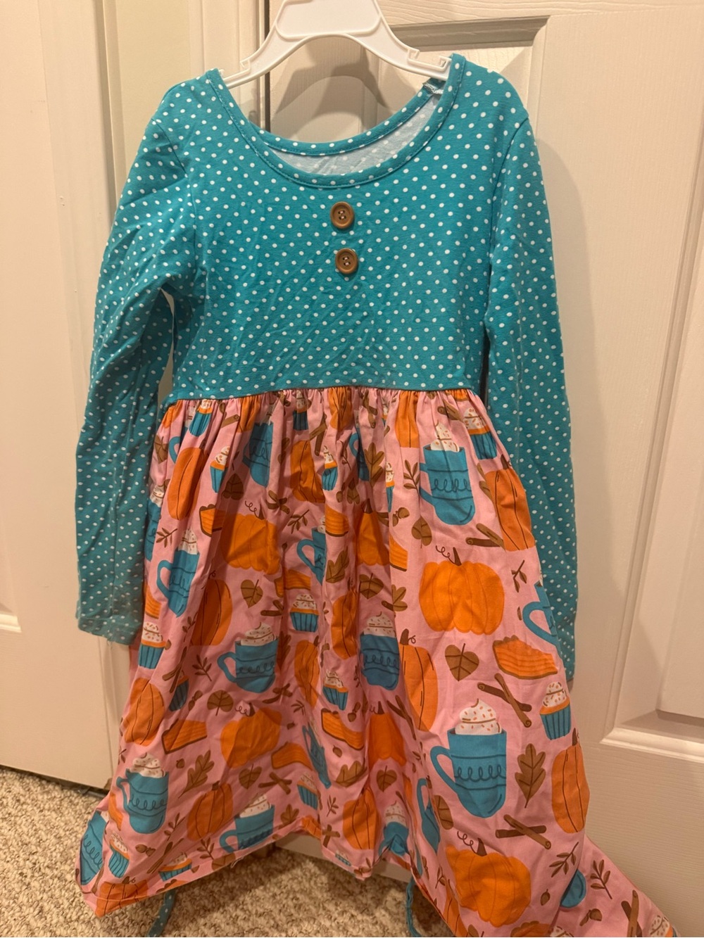 Eleanor Rose Teal Polka Dot Top with Pink Pumpkin & Mug Print Skirt